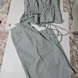 Striped Two-Piece Crop Top and Skirt Set - Green & White